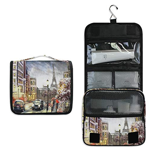 XMCL Hanging Toiletry Bag Paris Street Eiffel Tower Portable Travel Cosmetic Makeup Organizer Wash Bag with Hanging Hook for Women Men