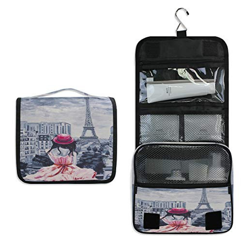 XMCL Hanging Toiletry Bag Art Painting Romantic Paris Lady Portable Travel Cosmetic Makeup Organizer Wash Bag with Hanging Hook for Women Men