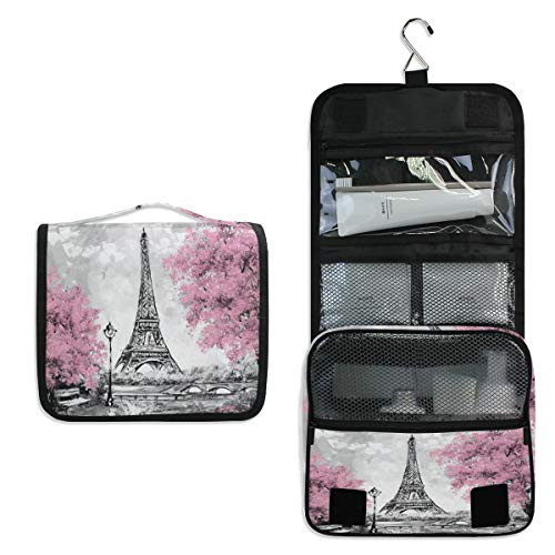 XMCL Hanging Toiletry Bag Eiffel Tower Paris Portable Travel Cosmetic Makeup Organizer Wash Bag with Hanging Hook for Women Men