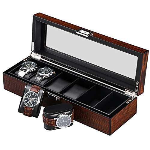 BEWISHOME Watch Box for Men - Luxury Watch Case Real Glass Top Smooth Faux Leather Interior 6 Slot Watch OrganizerBrown SSH06Y