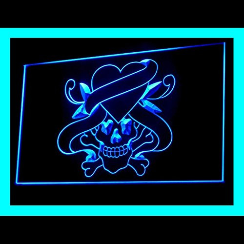 100055 Tattoo Design Skull Famous Pirates Heart Display LED Light Neon Sign