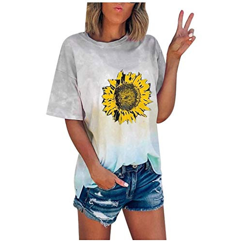 Meikosks Tie-Dye Sunflower Tops Womens Short Sleeve Crew-Neck Blouses Plus Size Loose T Shirt Gray Meikosks Tie-Dye Sunflower Tops Womens Short Sleeve Crew-Neck Blouses Plus Size Loose T Shirt Gray
