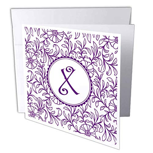 3dRose Russ Billington Monograms- Swirly Floral- Letter X - Letter X in Circle Over Swirly Floral Pattern in Purple and White - 12 Greeting Cards with envelopes -gc_298842_2-