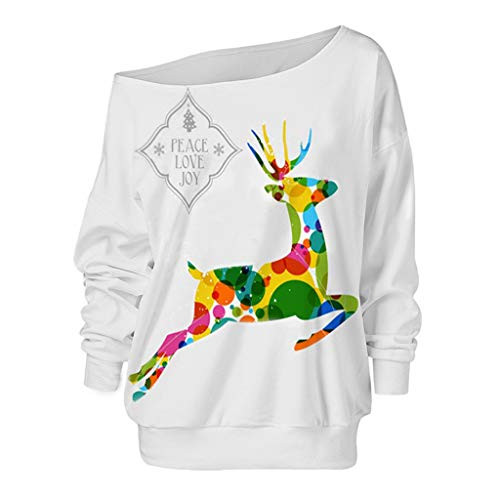 RNUYKE Women Christmas Elk Deer Print Off Shoulder Blouse Casual Tops Long Sleeve Sweatshirt Pullover Green