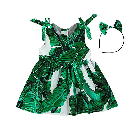 Baby Girls Summer Dress F_Gotal Baby Toddle Girls Leaves Print Strap Party Dress Beach Dress Sundress with Headband Green