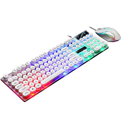 LINASHI Wired Keyboard USB Wired Colorful LED Backlit Gaming Keyboard with Mouse for PC Laptop White One Size
