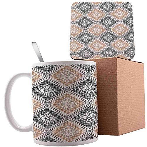 AntiqueFlower Pattern with Rhombuses and Circles Symmetrical Composition Pale Orange Black White Ceramic Cup with Spoon  and  Coaster Creative Milk Coffee Tea Unique Porcelain Cup Mug 11oz