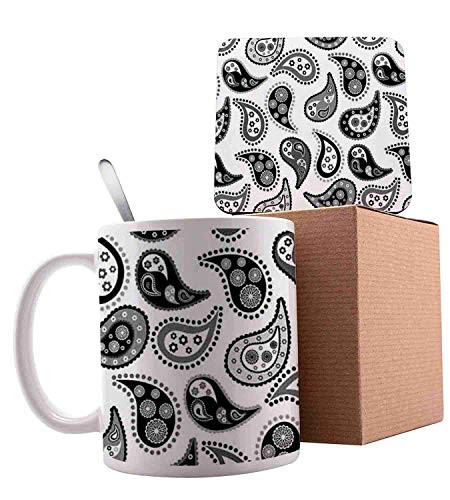 Design in Different Types with Flowers Circles and Tiny Teadrops Detailed Grey and Black Ceramic Cup with Spoon  and  Coaster Creative Morning Mug Milk Coffee Tea Unique Porcelain Cup Mug 11oz