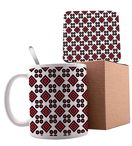 Ukrainian Bullseye Rhombus and Circles European Folklore Inspirations Vermilion Black White Ceramic Cup with Spoon  and  Coaster Creative Morning Mug Milk Coffee Tea Unique Porcelain Cup Mug 11oz
