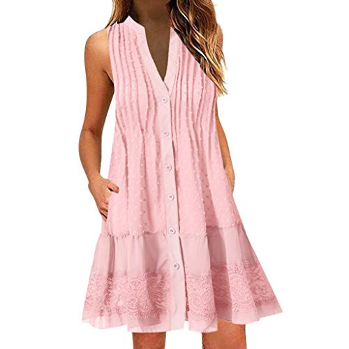 SSYongxia Womens Button Front Dress Summer Sleeveless V-Neck Pleated Swing Dresses Chiffon Lace Hem A Line Tank Dress Pink SSYongxia Womens Button Front Dress Summer Sleeveless V-Neck Pleated Swing Dresses Chiffon Lace Hem A Line Tank Dress Pink