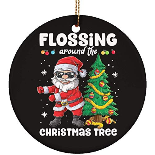 DATDesigns Santa Floss Flossing Around The Christmas Tree Lights Ceramic Circle Ornament - Christmas Ceramic Circle Ornament DATDesigns Santa Floss Flossing Around The Christmas Tree Lights Ceramic Circle Ornament - Christmas Ceramic Circle Ornament
