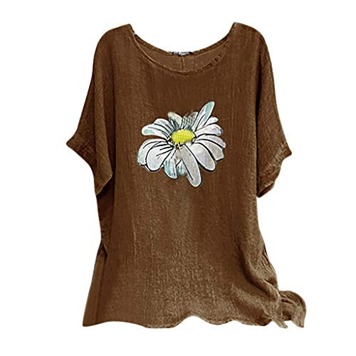 Womens Summer Tops Plus Size Loose Short Sleeve Floral Print Cotton and Linen Tee Shirts Casual Blouse Tunic Tops Brown