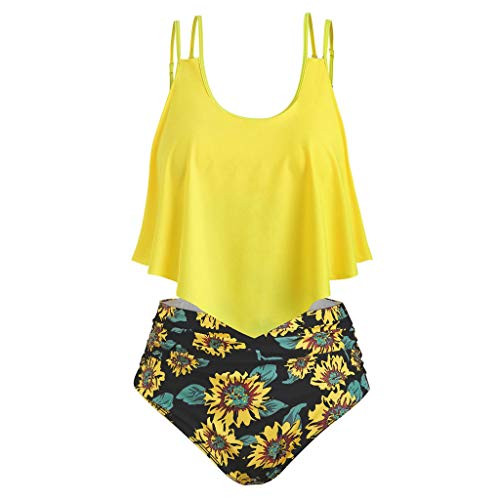 Hotkey Swimsuits for Women Two Piece Bathing Suits Ruffled Flounce Top with High Waisted Bottom Bikini Set Tankini Yellow