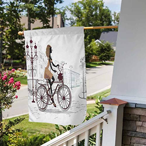Anmaseven Teen Room Funny Yard Decorations Flag Decorative House Yard Flag Young Girl in Paris Streets with Bicycle French Style Display Chestnut and Pale Brown Pearl House Size-28 by 40 inch