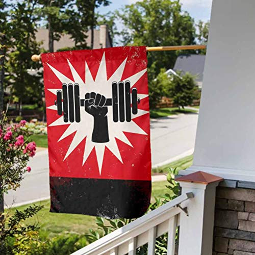 Anmaseven Fitness Funny Yard Decorations Flag Decorative House Yard Flag Grunge Display of Hand Lifting Dumbbell Effect Workout Vintage Design Vermilion Black Cream House Size-28 by 40 inch