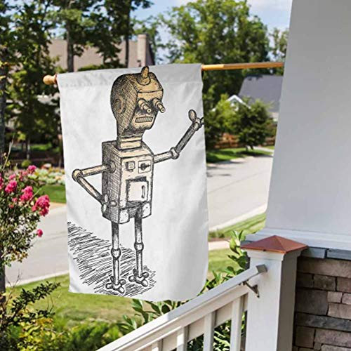 Fantasy Personalized Garden Flag Seasonal Spring Easter Mothers Day Decoration Hand Drawn Theme of Robot Sketch Humor Character Artsy Illustration Black Grey Pale Marigold House Size-28 inch by 40 inch