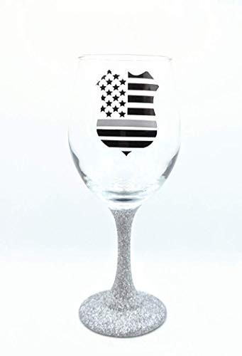 Thin Silver Line Badge Glitter Stem Or Stemless Wine Glass - Correction Officer Beer Mug - Correctional Officer Gift - Law Enforcement Gift - Corrections Officer Flag