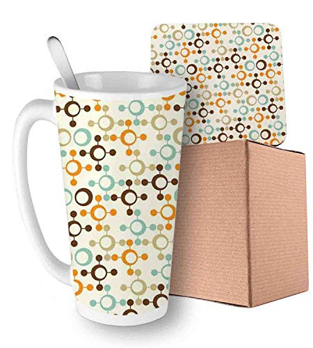 Funky Molecule Like Figures with Circles and Dots Science Lab Theme Orange Silver Light Blue Ceramic Cup with Spoon  and  Coaster Creative Morning Mug Milk Coffee Tea Unique Porcelain Cup Mug 16oz