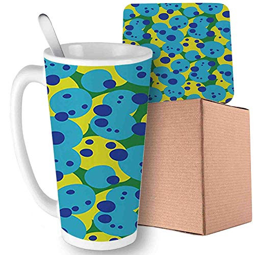 Circles Ovals Rounded Wobbly Geometrical PointsVintage Figures Bubbly Boho MulticolorCeramic mug with Spoon  and  Coaster Creative Morning Milk Coffee Tea Porcelain 16oz gifts for family
