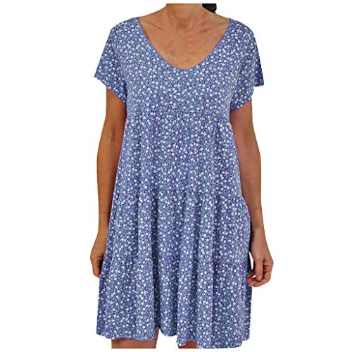Yxiudeyyr Mini DressWomens Dress Floral Print Short Sleeve V-Neck Knee-Length Dress Plus Size Ruffle Printed A-line Dresses Blue