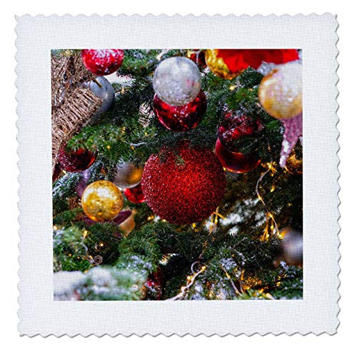 3dRose Decorated Christmas tree. Colorful balls yellow lights snow - Quilt Squares -qs_340399_7-