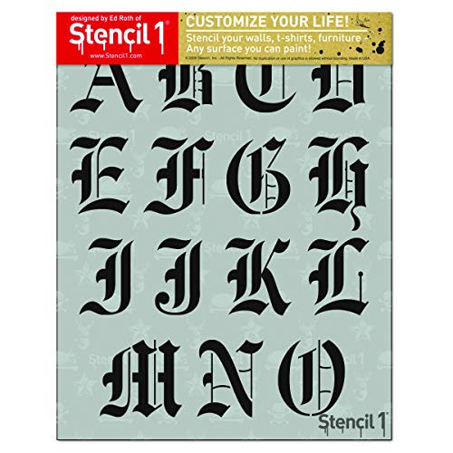Stencil1 Letter Stencils 2 inch - Old English Calligraphy Letters  and  Numbers - Mylar Uppercase and Lowercase Alphabet for Hand Painting Drawing  and  Cutting - Perfect for Lettering on Wood Vinyl  and  More