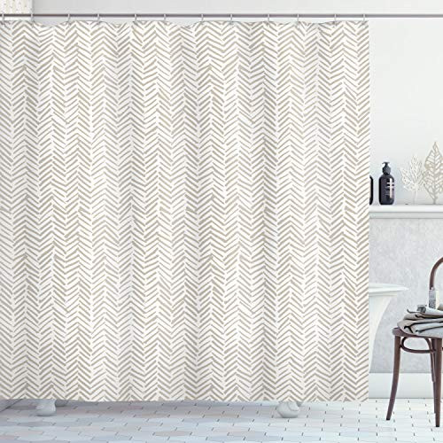 Lunarable Chevron Shower Curtain Hand Drawn Monochrome Herringbone Lines Composition of Abstract Zigzags Cloth Fabric Bathroom Decor Set with Hooks 70 inch Long White Beige