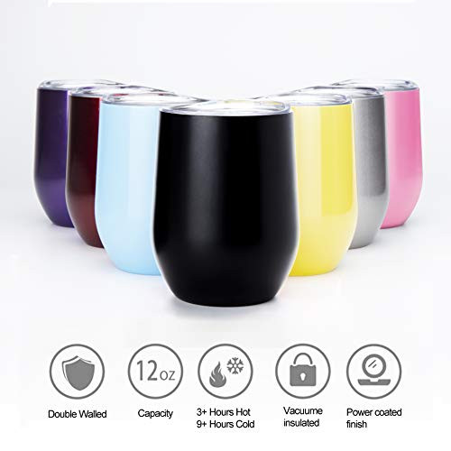 ?2Pack 12oz?Insulated Stemless Wine Glass, Stainless Steel Stemless Glass Wine Cups, 12 oz Double Wall Vacuum Insulated Wine Tumbler with Lid for Coffee, Wine, Cocktails, Ice -Yellow