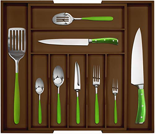 Bamboo Kitchen Drawer Organizer - Expandable Silverware Organizer/Utensil Holder and Cutlery Tray with Grooved Drawer Dividers for Flatware and Kitchen Utensils -9 Slots Brown-