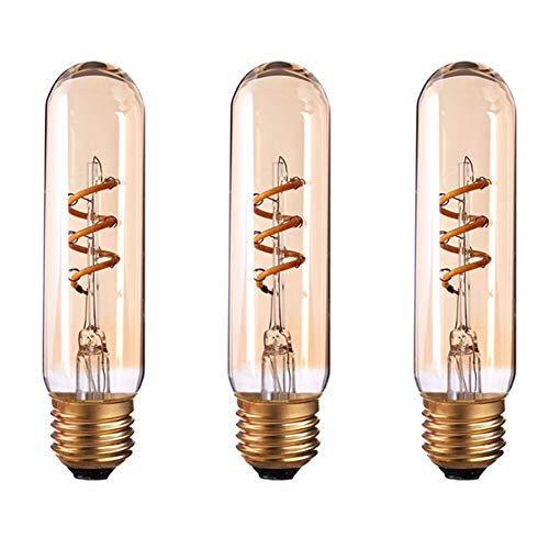 MD Lighting 3W T10 Led Bulb Dimmable Edison Tube Bulbs 30 Watt Incandescent Bulb Equivalent 2200K Warm Yellow 300LM E26 Base Flexible Filament Light Bulb for Display Cabinet Amber Glass 3 Pack