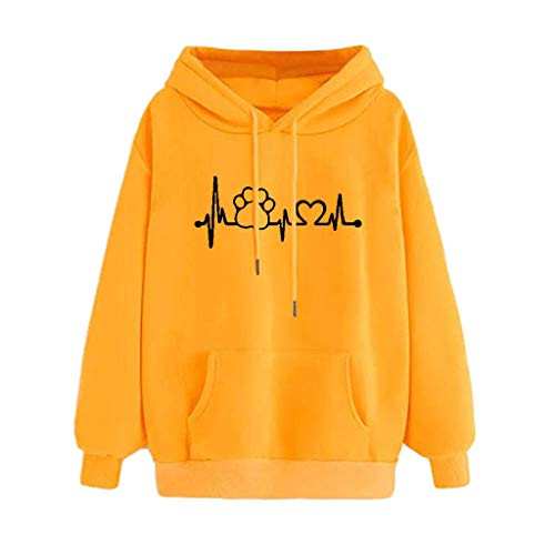 Women Casual Sweatshirt Drawstring Hoodies Long Sleeve Casual Print Pullover Hooded Tunic Tops Yellow