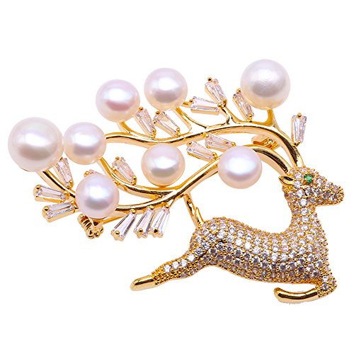 JYX Pearl Elk Brooch 7-9mm Flatly-round White Freshwater Cultured Pearl Brooch Pin JYX Pearl Elk Brooch 7-9mm Flatly-round White Freshwater Cultured Pearl Brooch Pin