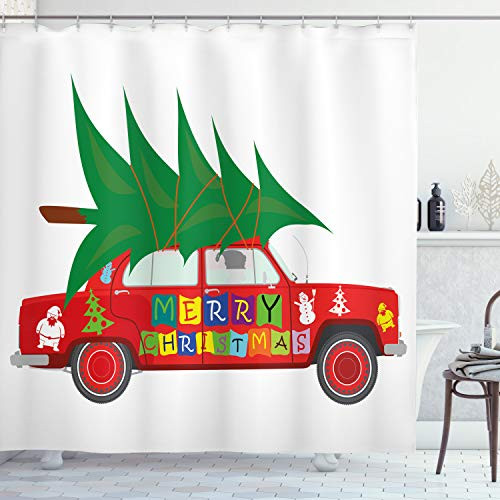 Ambesonne Christmas Shower Curtain Cloth Fabric Bathroom Decor Set with Hooks Tree and Snowman 70 inch Long