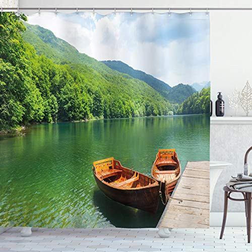 Ambesonne Nature Shower Curtain Boats on The Lake by Forest Surreal Serene in Woodland Paastoral Landscape Cloth Fabric Bathroom Decor Set with Hooks 70 inch Long Fern Green