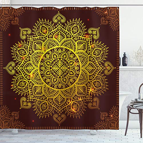 Ambesonne Mandala Shower Curtain Ornamental Snowflake Floral Traditional Oriental Graphic Artwork Cloth Fabric Bathroom Decor Set with Hooks 70 inch Long Yellow Brown
