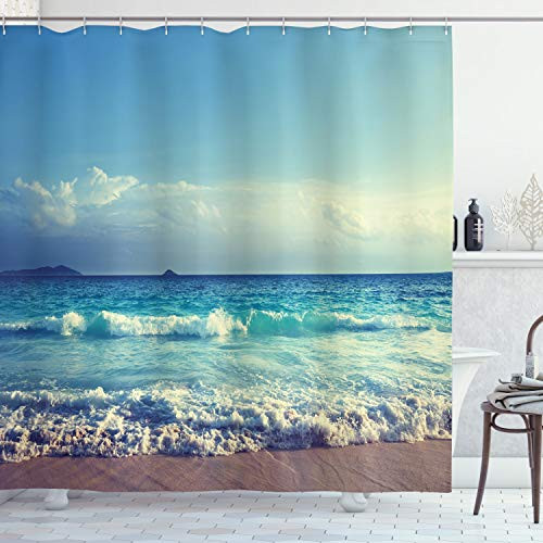 Ambesonne Tropical Island Shower Curtain Ocean Waves on Seychelles Beach at The Sunset Time Skyline Cloth Fabric Bathroom Decor Set with Hooks 70 inch Long Turquoise Sky Blue