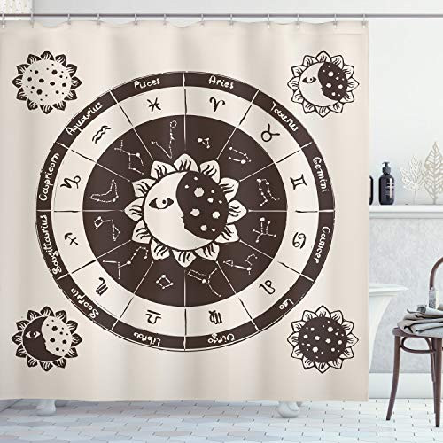 Ambesonne Constellation Shower Curtain Zodiac Signs Circle with Sun and Moon Floral Design Astrology Cloth Fabric Bathroom Decor Set with Hooks 70 inch Long Dark Brown Cream