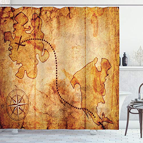 Ambesonne Compass Shower Curtain Bohemian Style Treasure Hunt Map with Small Compass Paint on It Manuscript Atlas Finding Cloth Fabric Bathroom Decor Set with Hooks 70 inch Long Tan