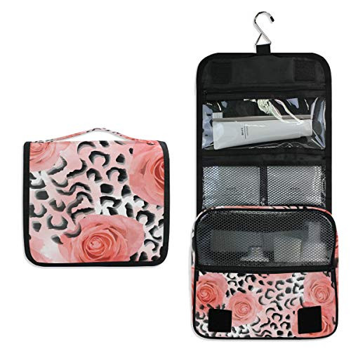 ALAZA Pink Rose Flower Leopard Print Travel Toiletry Bag Hanging Multifunction Cosmetic Case Portable Makeup Pouch Organizer with Hook ALAZA Pink Rose Flower Leopard Print Travel Toiletry Bag Hanging Multifunction Cosmetic Case Portable Makeup Pouch Organizer with Hook