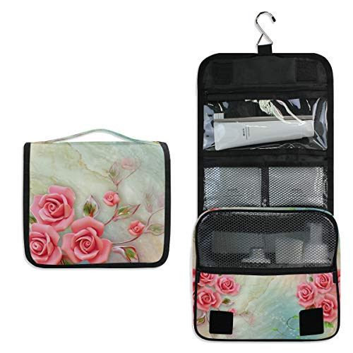 ALAZA Pink Rose Flowers Marble Travel Toiletry Bag Hanging Multifunction Cosmetic Case Portable Makeup Pouch Organizer with Hook ALAZA Pink Rose Flowers Marble Travel Toiletry Bag Hanging Multifunction Cosmetic Case Portable Makeup Pouch Organizer with Hook