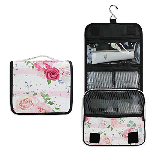 ALAZA Pink Rose Flowers Floral Striped Travel Toiletry Bag Hanging Multifunction Cosmetic Case Portable Makeup Pouch Organizer with Hook ALAZA Pink Rose Flowers Floral Striped Travel Toiletry Bag Hanging Multifunction Cosmetic Case Portable Makeup Pouch Organizer with Hook