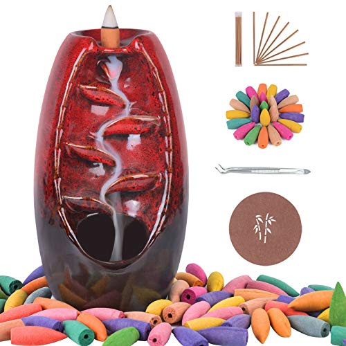 Soyo Backflow Incense Burner Waterfall Incense Holder with 120 Backflow Incense Cones  Plus 30 Incense Sticks  Plus 1 Tweezer Aromatherapy Ornamental for Home Office Yoga Red