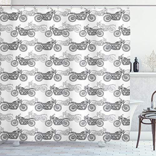 Ambesonne Motorcycle Shower Curtain Realistic Grayscale Illustration of Classic Motorcycles with Many Details Cloth Fabric Bathroom Decor Set with Hooks 70 inch Long Grey White Black