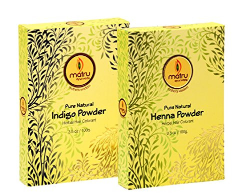 MATRU AYURVEDA 100gm Pure Henna Powder  Plus 100gm Indigo Powder - Ayurvedic/Herbal Hair and Beard Dye/Color Kit. 100 percent Pure Natural and Chemical Free Covers Gray Hair Strengthens Dull Hair -SET OF 1-