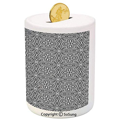 African Ceramic Piggy BankEthnic Antique Design Geometrical Shapes Symmetric Graphic Chevron Modern Display 3D Printed Ceramic Coin Bank Money Box for Kids  and  AdultsBlack White