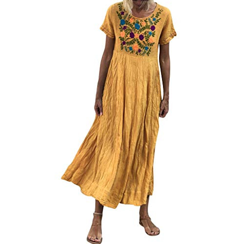 Pumsun Womens Cotton Linen Vintage Short Sleeve O Neck Embroidered Casual Maxi Dress Plus Size Dress -Yellow XXXXXL- Pumsun Womens Cotton Linen Vintage Short Sleeve O Neck Embroidered Casual Maxi Dress Plus Size Dress -Yellow XXXXXL-