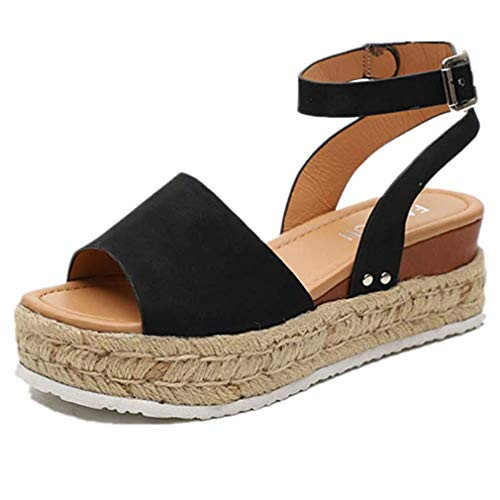 Womens Casual Espadrilles Trim Rubber Sole Flatform Studded Wedge Buckle Ankle Strap Open Toe Sandals -Black11 M US-