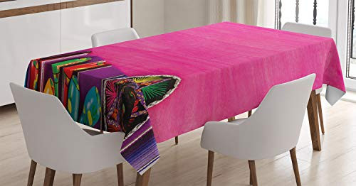 Ambesonne Mexican Decorations Tablecloth View of Folkloric Serape Blanket Charro Hat and Music Instruments Dining Room Kitchen Rectangular Table Cover 52 inch X 70 inch Fuchsia Purple