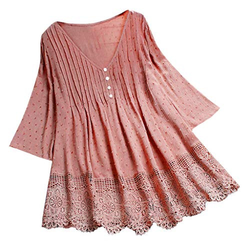 Womens Plus Size Long Sleeve Solid V-Neck A-Line Flowy Tunic Tops Casual Loose Lace Trim Shirt Blouse Pink