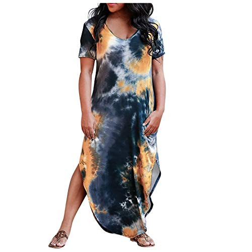 Tie-dye Print Dress for Women Summer Casual V-Neck Short Sleeve Long Dress Loose Side Split Maxi Dresses Navy